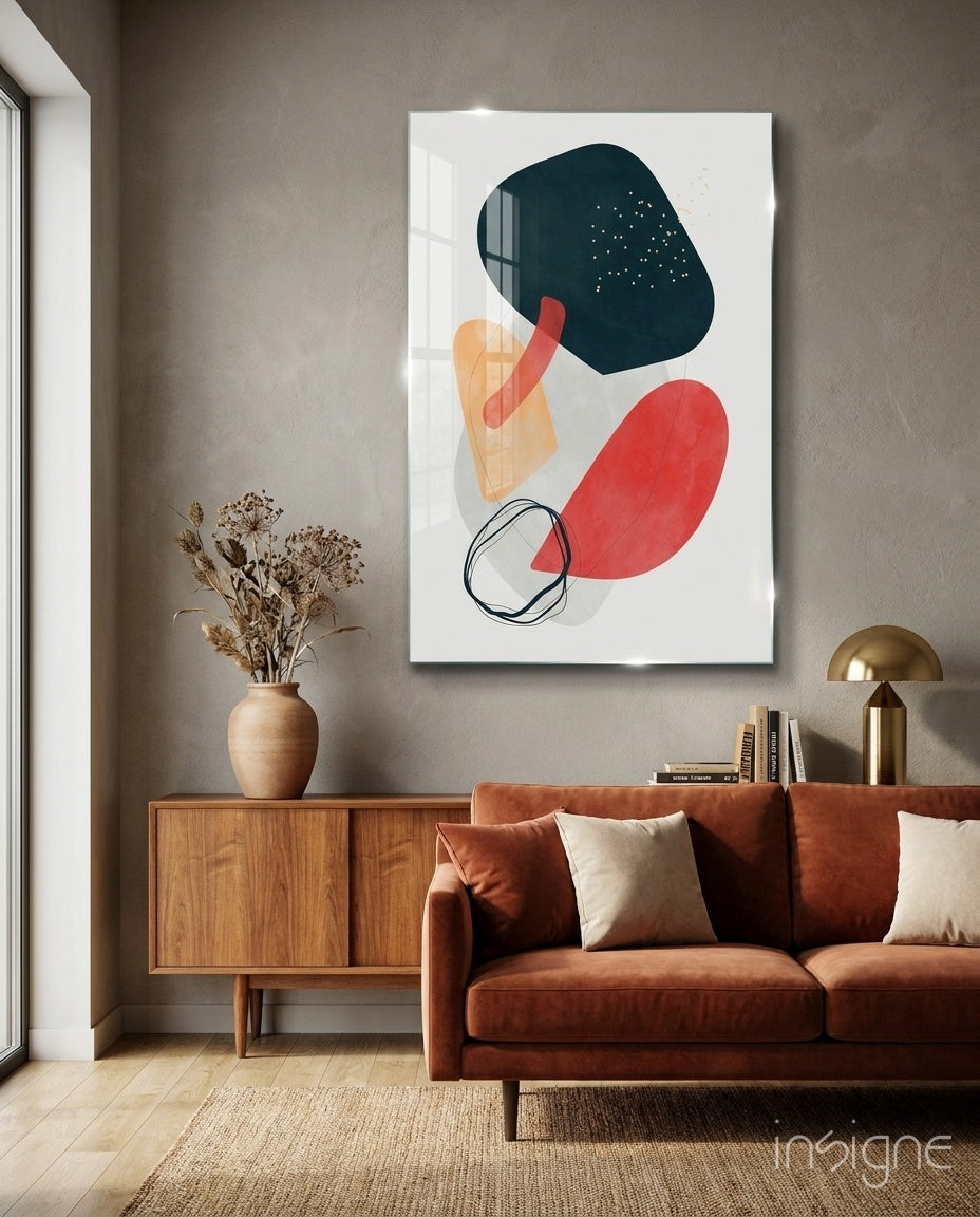 Bold Navy Red Mustard Shapes Glass Wall Art