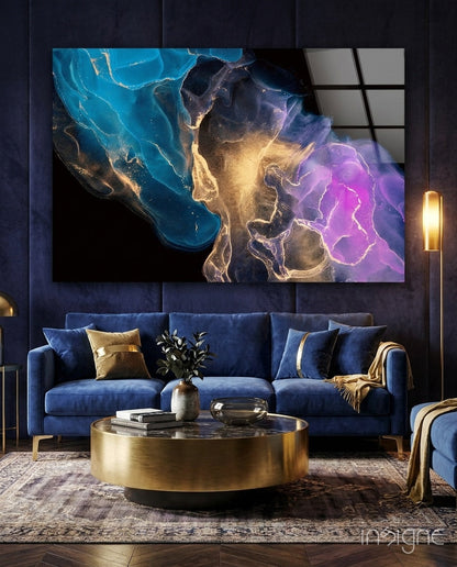 Teal Gold Purple Ink Burst Glass Wall Art