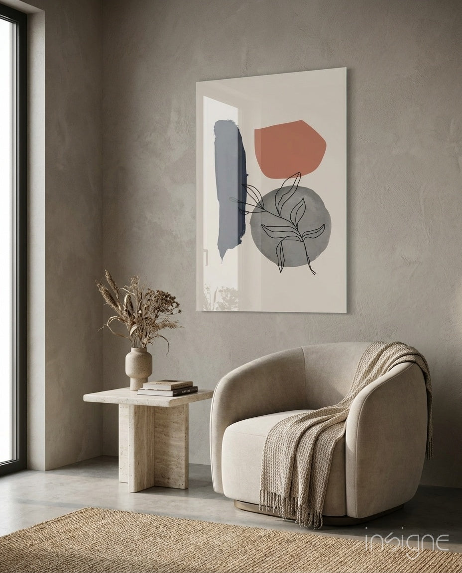 Navy Brush Leaf Grey Circle Glass Wall Art