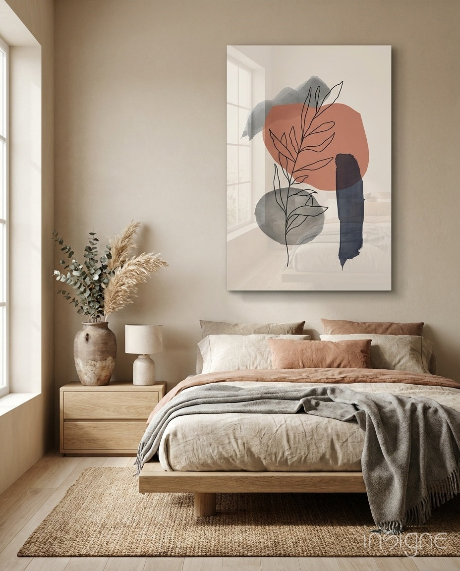 Botanical Leaf Terracotta Navy Shapes Glass Wall Art