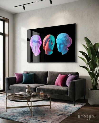 Neon Pastel Trio of Marble Busts Glass Wall Art