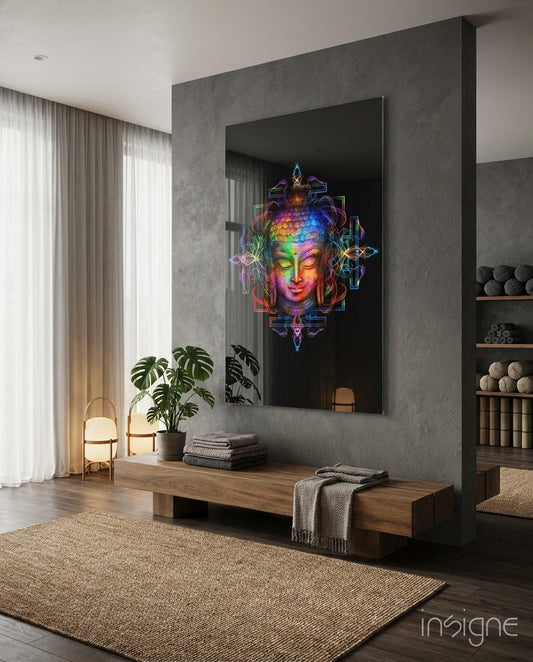 Neon Sacred Geometry Buddha glass wall art displayed in modern living room with gray concrete wall, wooden bench, and shelving.