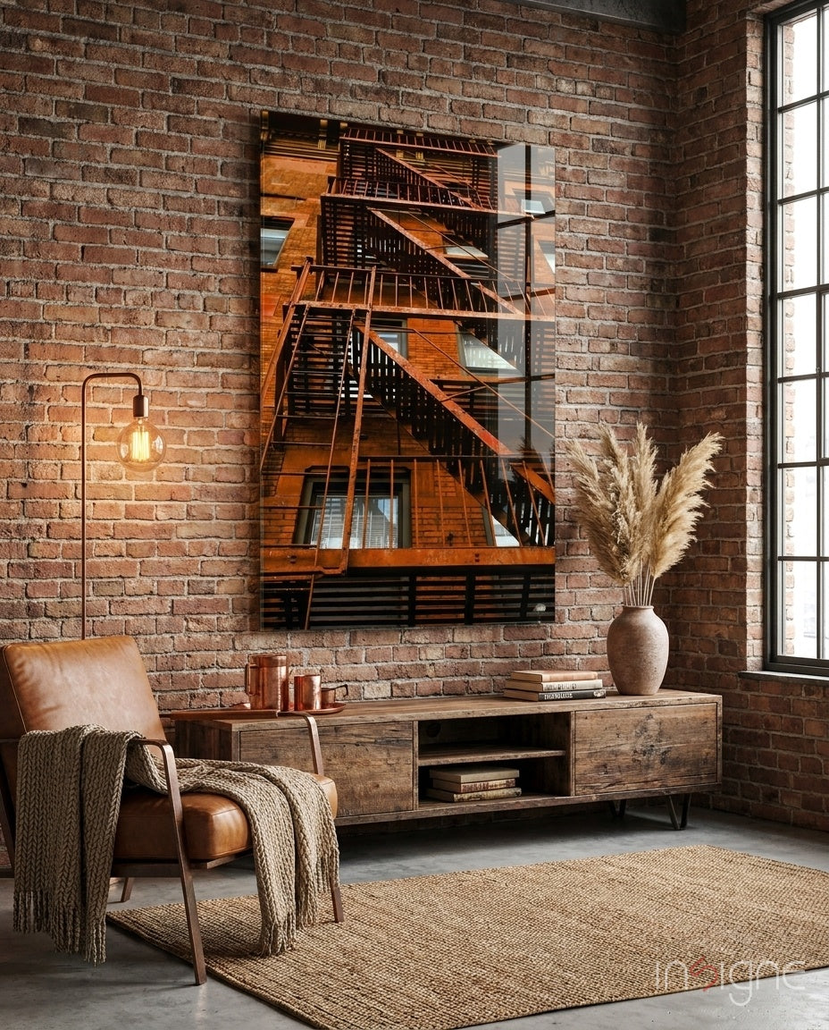 Orange Stairs Glass Wall Art displayed above wooden console table in industrial brick loft room with leather chair.