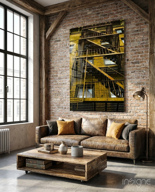 Yellow and black fire escape staircase glass wall art displayed above tan leather sofa in industrial loft interior.