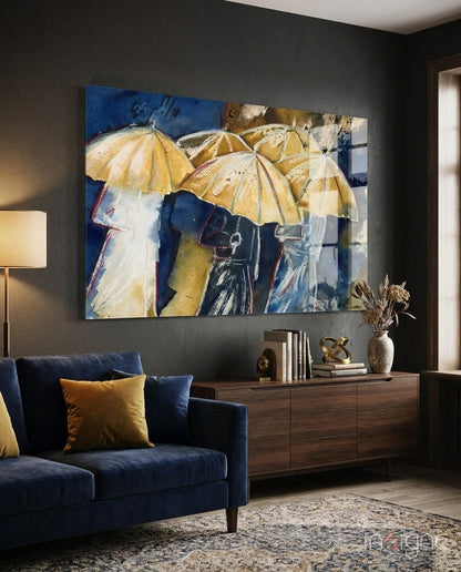 Watercolor Umbrella Crowd On Navy Glass Wall Art
