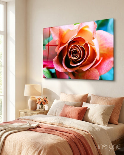 Peach Rose Teal Backdrop Glass Wall Art