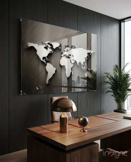 Chrome relief world map glass wall art displayed above wooden desk in modern office with bronze lamp and globe.