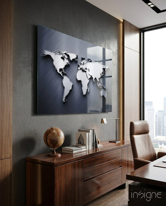 Brushed steel 3D world map glass wall art displayed above wooden desk in modern office with globe and books.