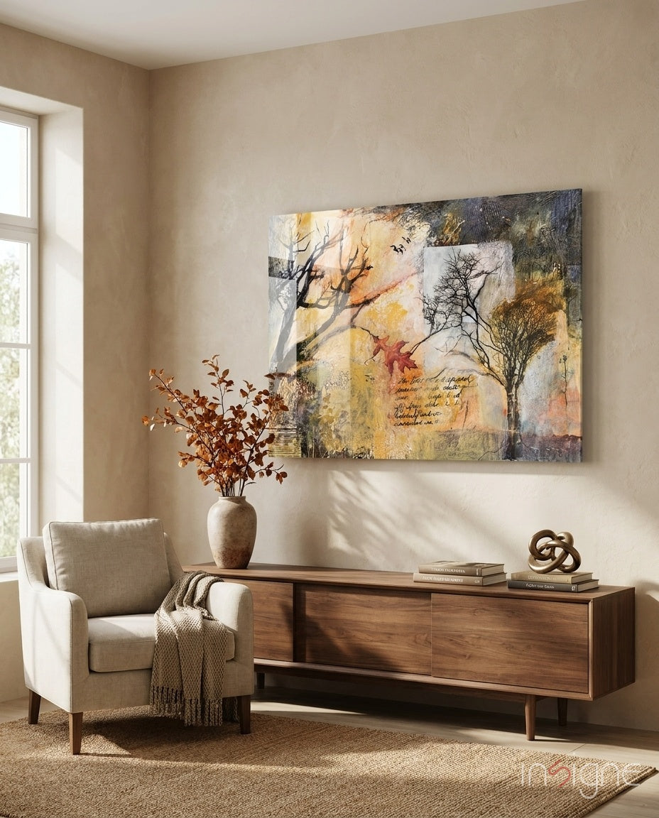 Bare Trees Autumn Collage Script Glass Wall Art