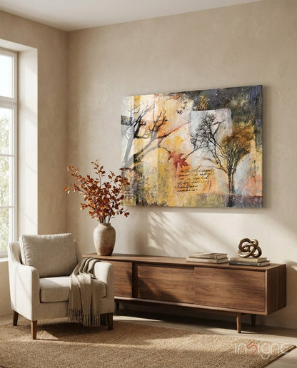 Bare Trees Autumn Collage Script Glass Wall Art