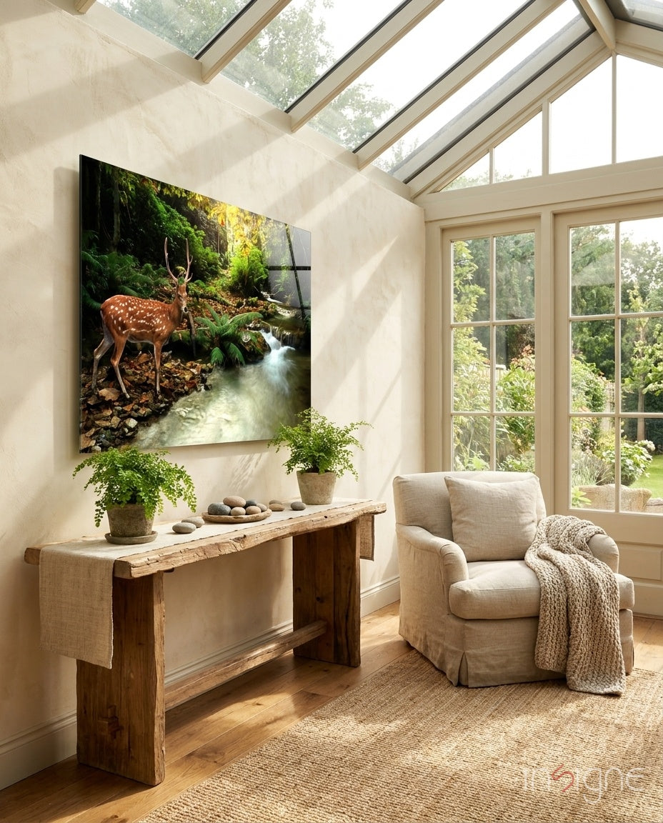 Spotted Deer Forest Stream Glass Wall Art