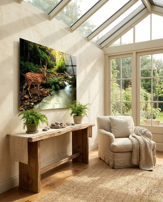 Spotted deer forest stream glass wall art displayed above wooden console table in sunlit conservatory room with green plants and cream armchair.