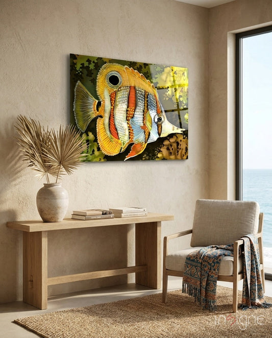 Colorful orange and white striped fish glass wall art displayed above wooden console table in coastal room interior.