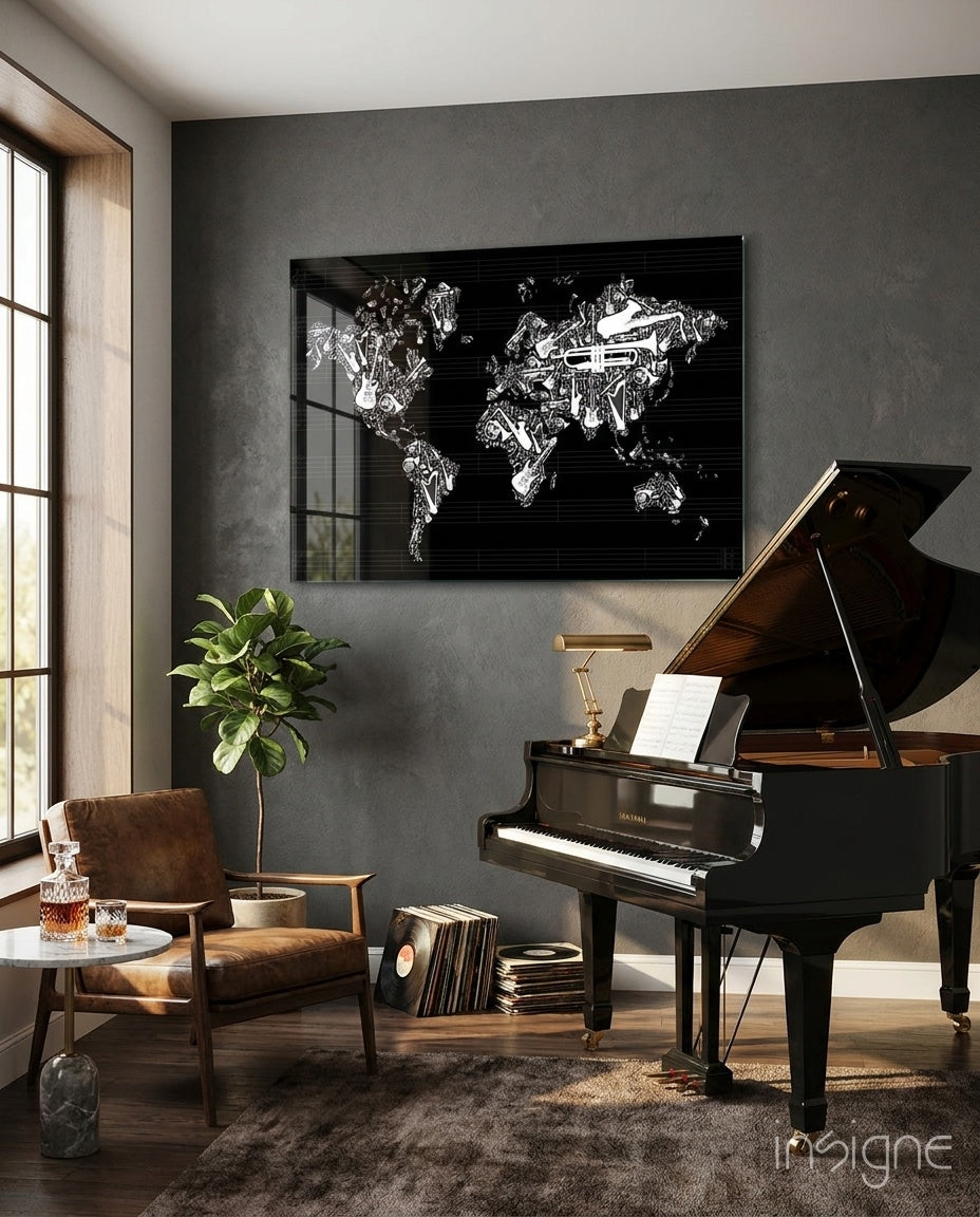 Black glass wall art featuring white line-drawn world map displayed above grand piano in modern music room.