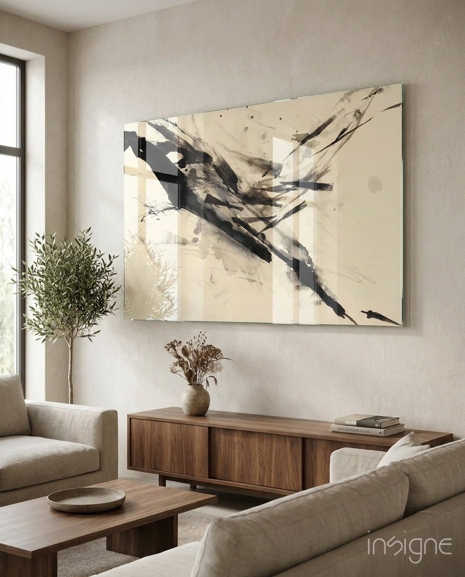 Black Ink Splash Beige Glass Wall Art