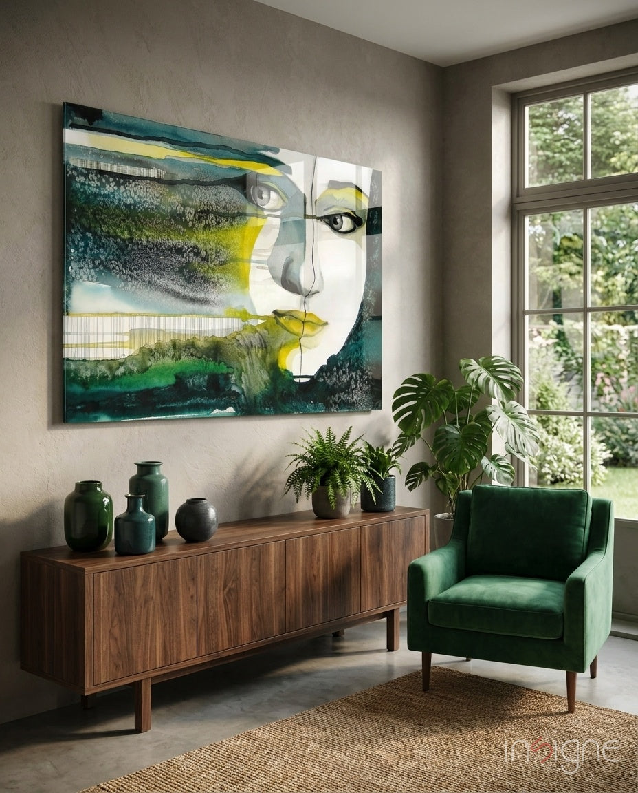 Green Watercolor Face Glass Wall Art