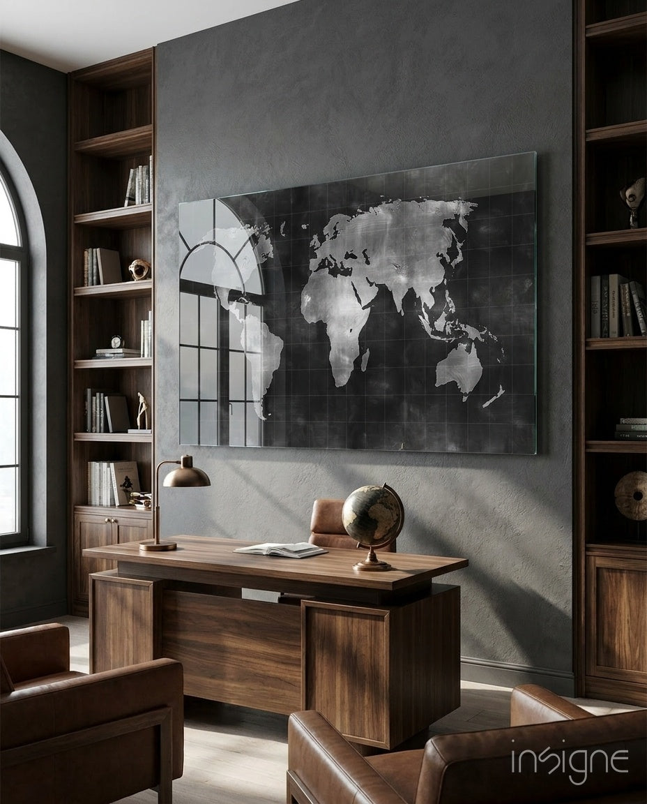 Misty Silver World Map Grid Glass Wall Art