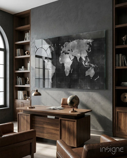 Misty Silver World Map Grid Glass Wall Art