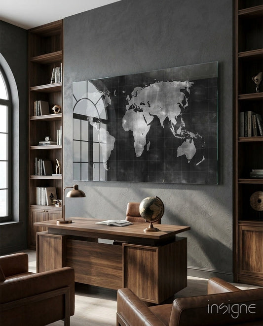 Misty Silver World Map Grid Glass Wall Art mounted above wooden desk in modern office with dark gray walls and wood shelving.