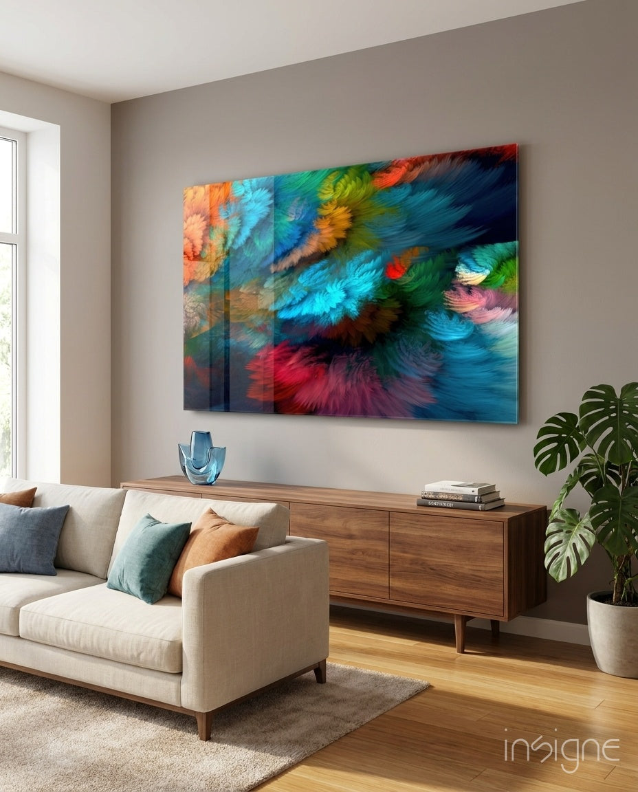 Feathered Rainbow Burst Glass Wall Art