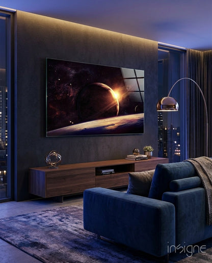 Sunrise Behind Planet Glass Wall Art