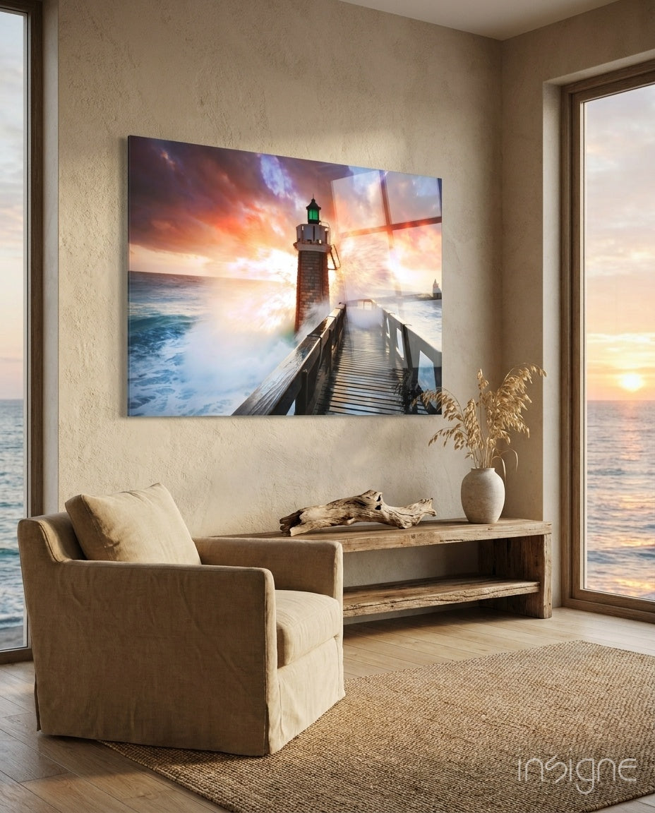 Fiery Sky Stormy Pier Lighthouse Glass Wall Art