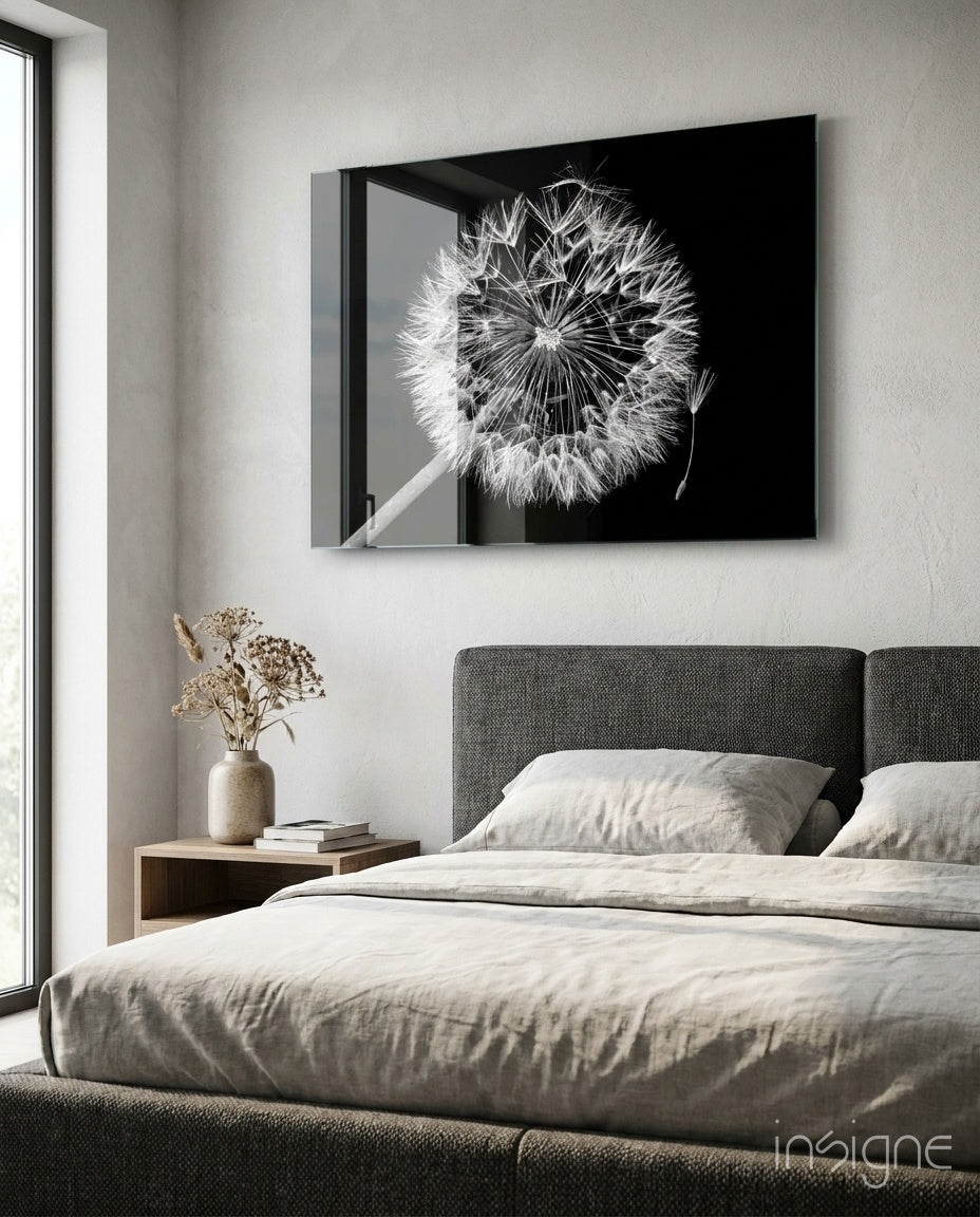 Dandelion Seeds Drifting Black Glass Wall Art