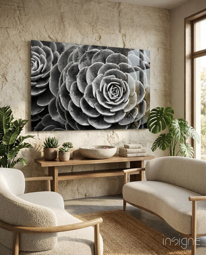 Monochrome Succulent Rosette Glass Wall Art