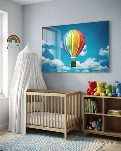 Rainbow Balloon in Bright Blue Sky Glass Wall Art