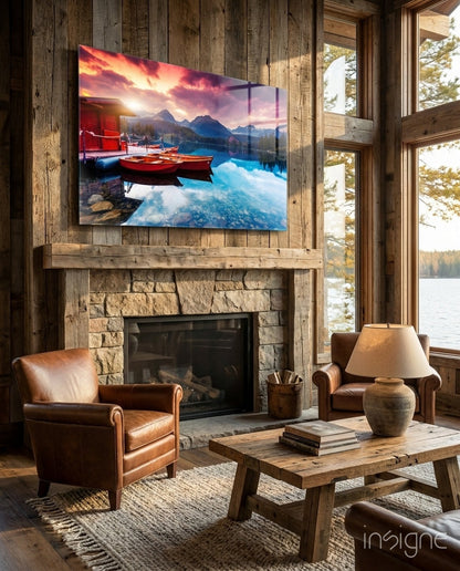 Crimson Sky Boathouse Mountain Lake Glass Wall Art