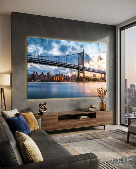 Illuminated glass wall art displaying Queensboro Bridge at sunset with Manhattan skyline, installed above wooden media console in modern living room.
