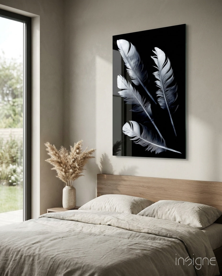 White Feathers on Black Glass Wall Art