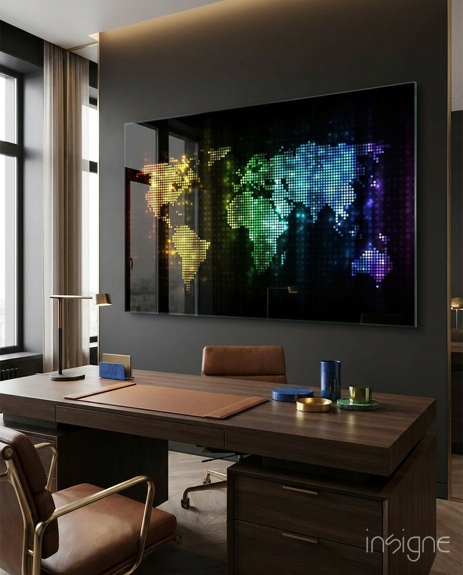 Pixel Rainbow World Map Glass Wall Art