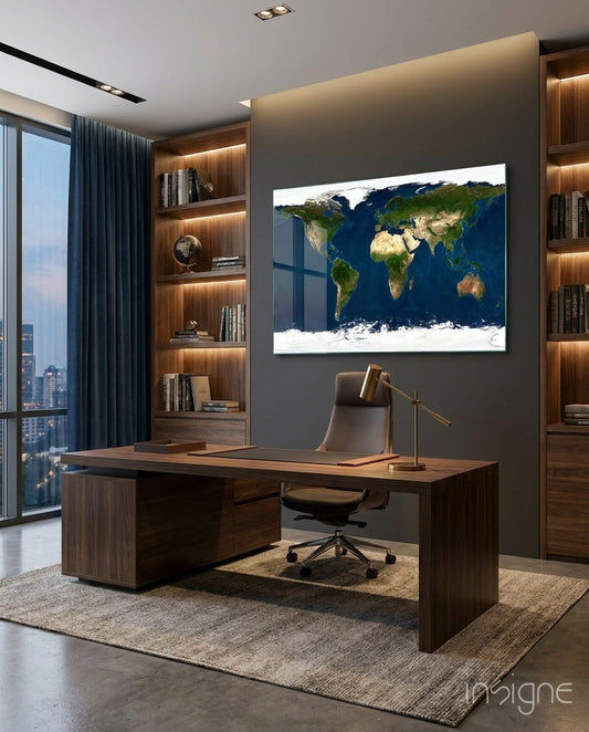 Satellite Earth World Map Glass Wall Art displayed on gray office wall above wooden desk, showing blue oceans and green continents.