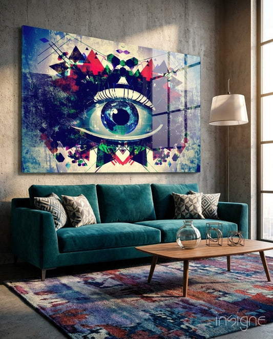 Colorful geometric eye artwork displayed above a teal sofa in a modern living room with concrete walls and wooden coffee table.
