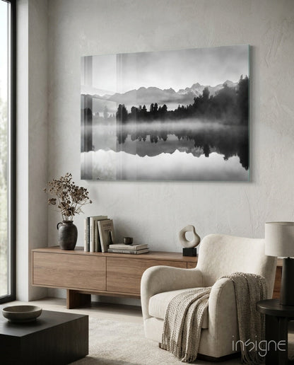Misty Monochrome Lake Mirror Glass Wall Art