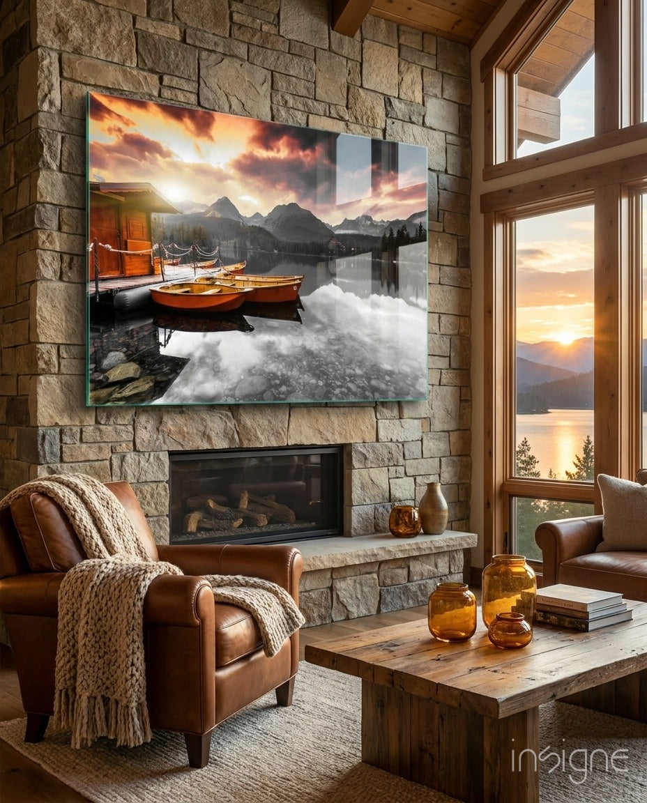 Orange Boats Mountain Lake Selective Color Glass Wall Art
