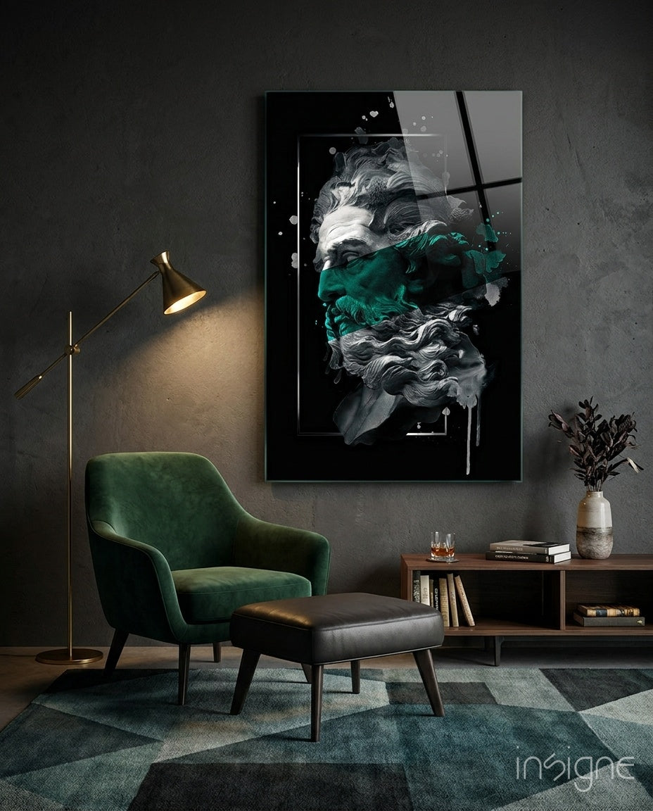 Emerald Paint Stripe Poseidon Bust Glass Wall Art
