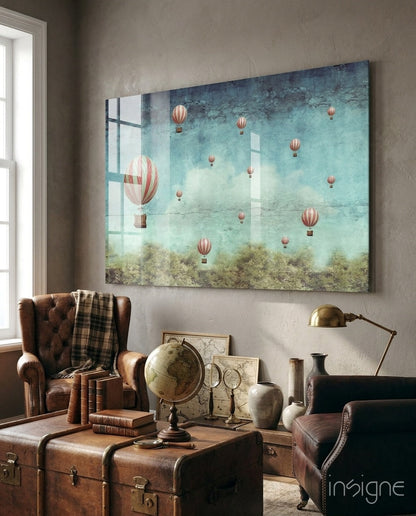 Vintage Sky Full of Pink Balloons Glass Wall Art
