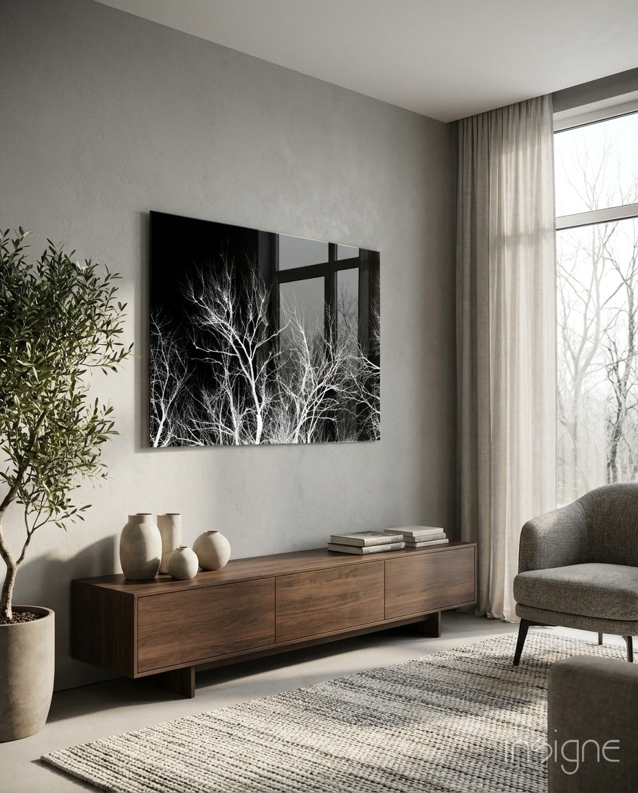 Bare White Branches on Black Night Glass Wall Art