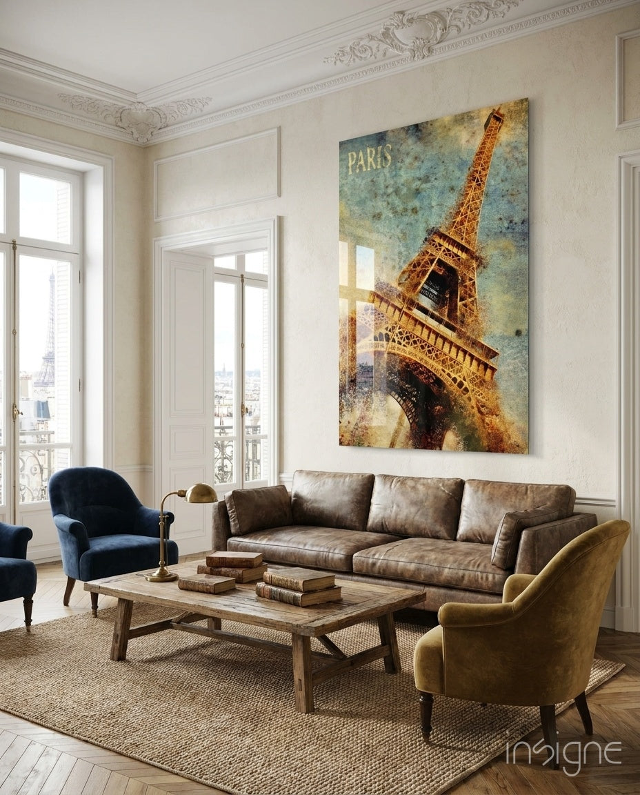 Golden Grunge Paris Eiffel Glass Wall Art