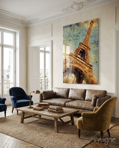 Golden Grunge Paris Eiffel Glass Wall Art