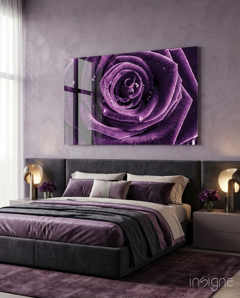 Dewdrop Violet Rose Spiral Bloom Glass Wall Art