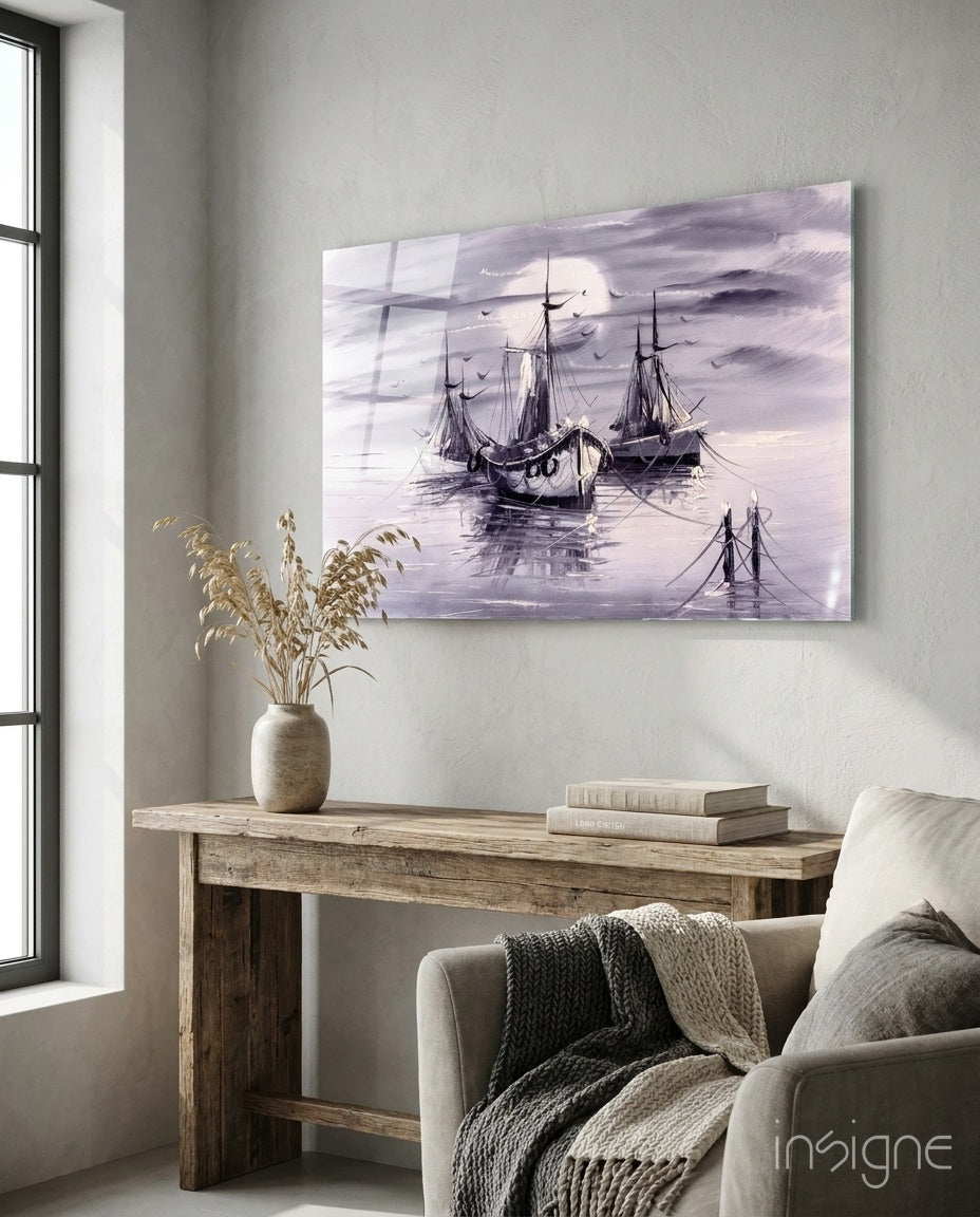Moonlit Tall Ships In Lavender Mist Glass Wall Art