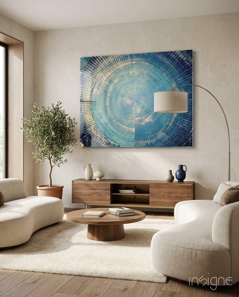 Blue and Gold Radial Rings Mosaic Glass Wall Art
