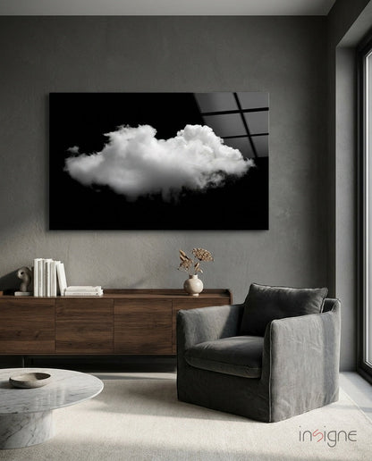 Modern living room interior featuring a black and white cloud glass wall art above a wooden console table.