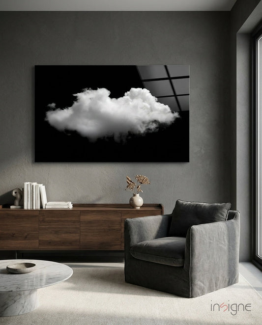 Modern living room interior featuring a black and white cloud glass wall art above a wooden console table.