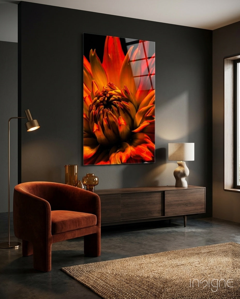 Blazing Orange Spider Dahlia Glass Wall Art