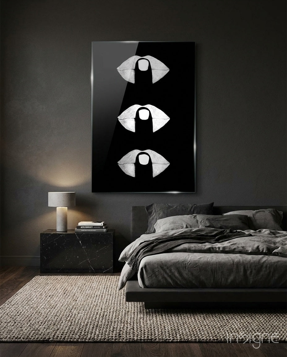White Lips Trio on Black Glass Wall Art