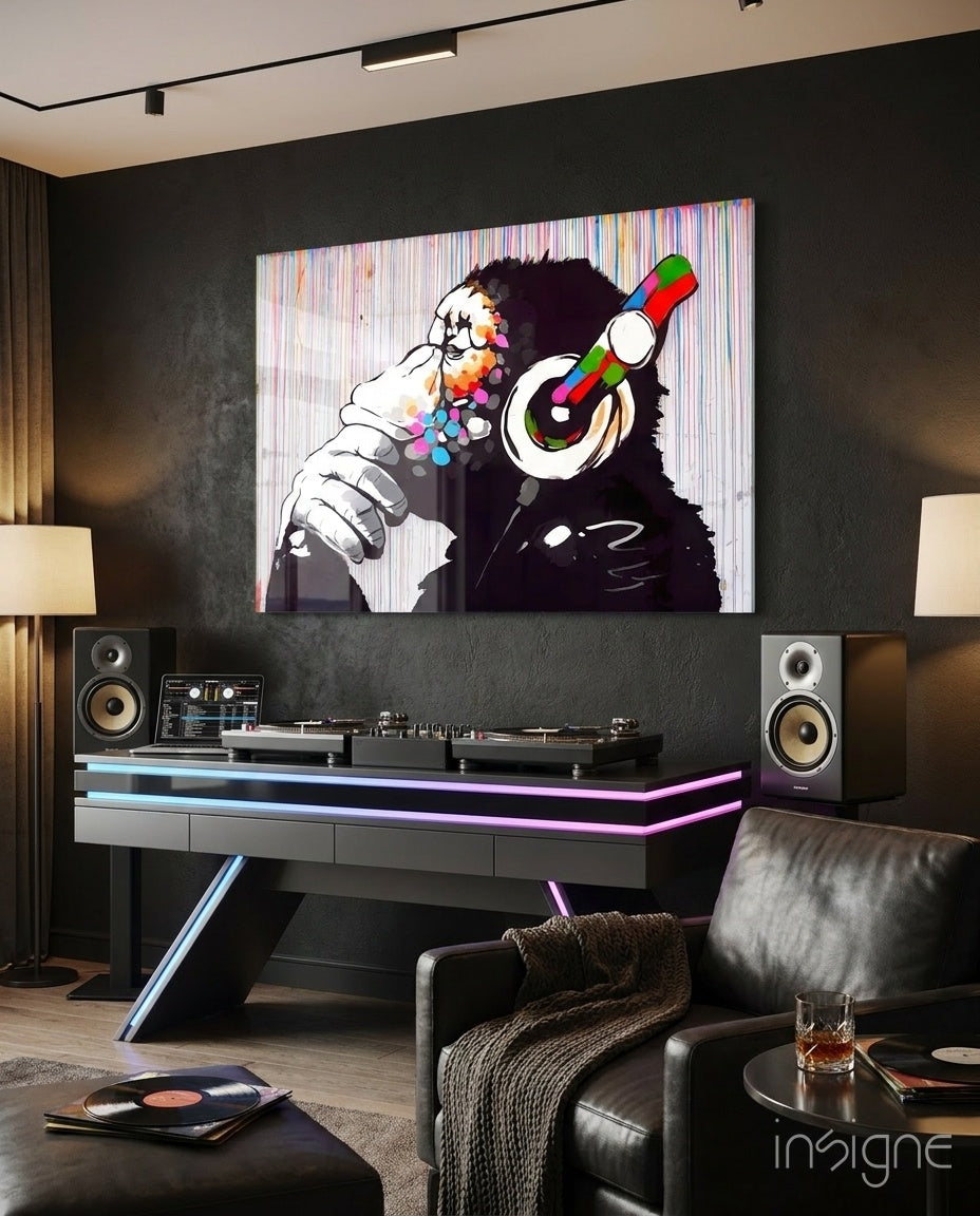 Ape With Headphones Dripping Paint Glass Wall Art